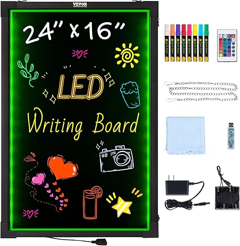VEVOR Pizarra de escritura LED de mensajes, pizarra iluminada borrable de 24 x 16 pulgadas, tablero de letreros de menú de efecto neón, tablero de