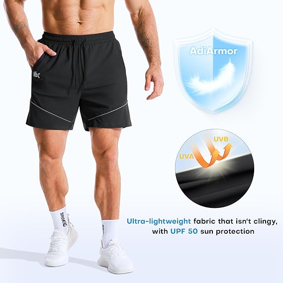 BROKIG Men's Lightweight Gym Workout Running Stretch Shorts | AdiArmor,7 Inch Inseam,Quick Dry,Stretch,Deep Mesh Pockets,Athletic Fit,Nylon Spandex Blend,Reflective line,Comfortable,Sport