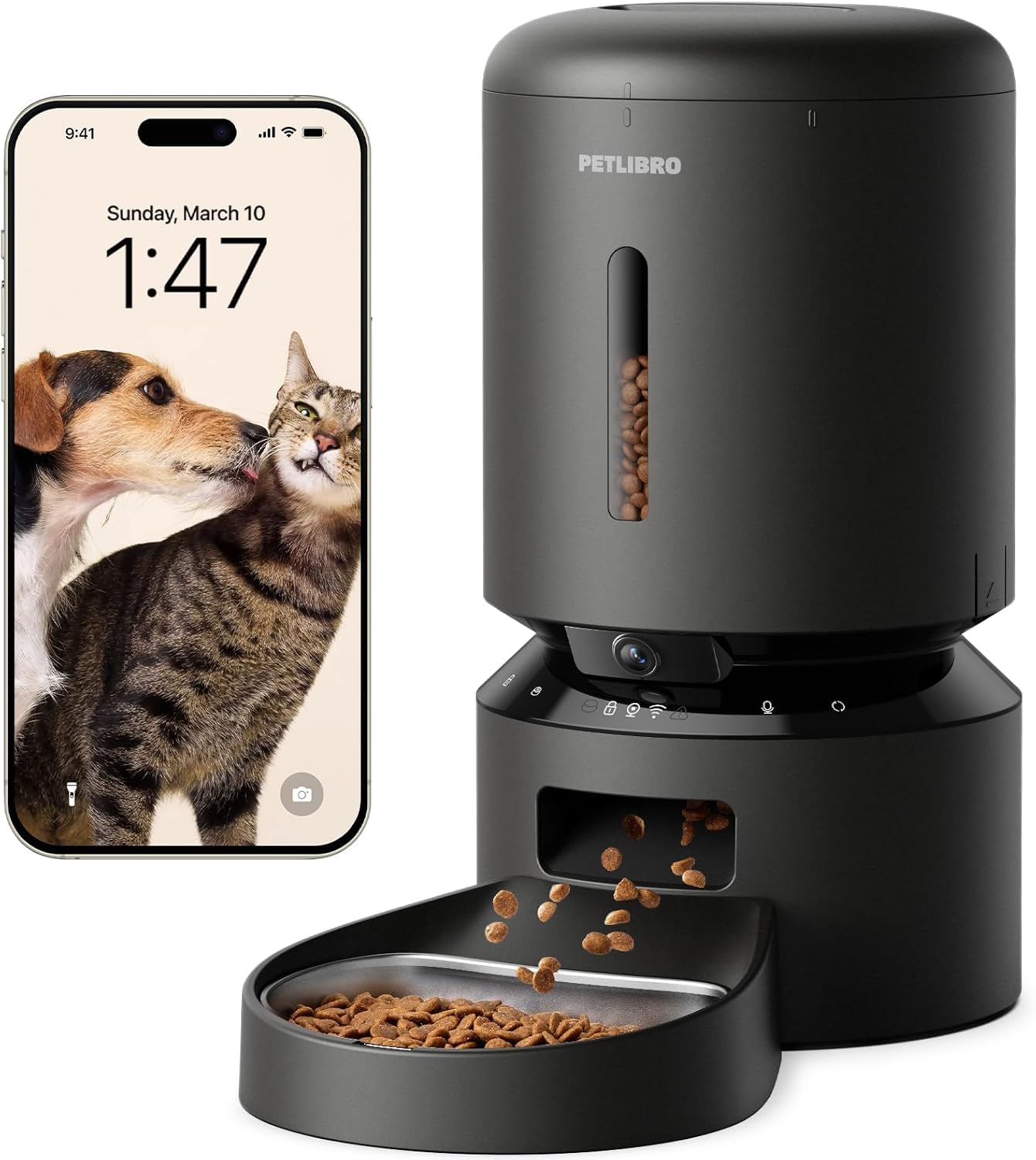 Alimentatore automatico per gatti con fotocamera, video HD 1080p con visione notturna, alimentatore WiFi per animali domestici 5G con audio a 2 vie, sensore di cibo e blocco basso, avvisi di movimento