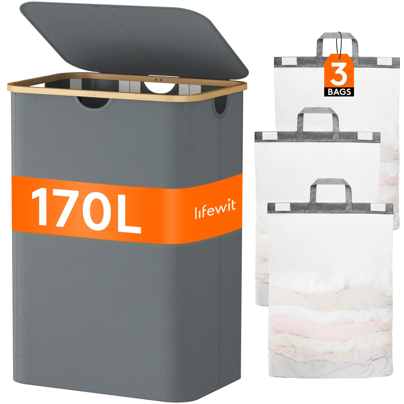 Lifewit 170L Cesto Ropa Sucia con Tapa, Grande Cesta para la Ropa Sucia con 3 Compartimientos y 3 Bolsas, Cubo Ropa Sucia para Dormitorio, Baño y Lavadero, Gris Claro