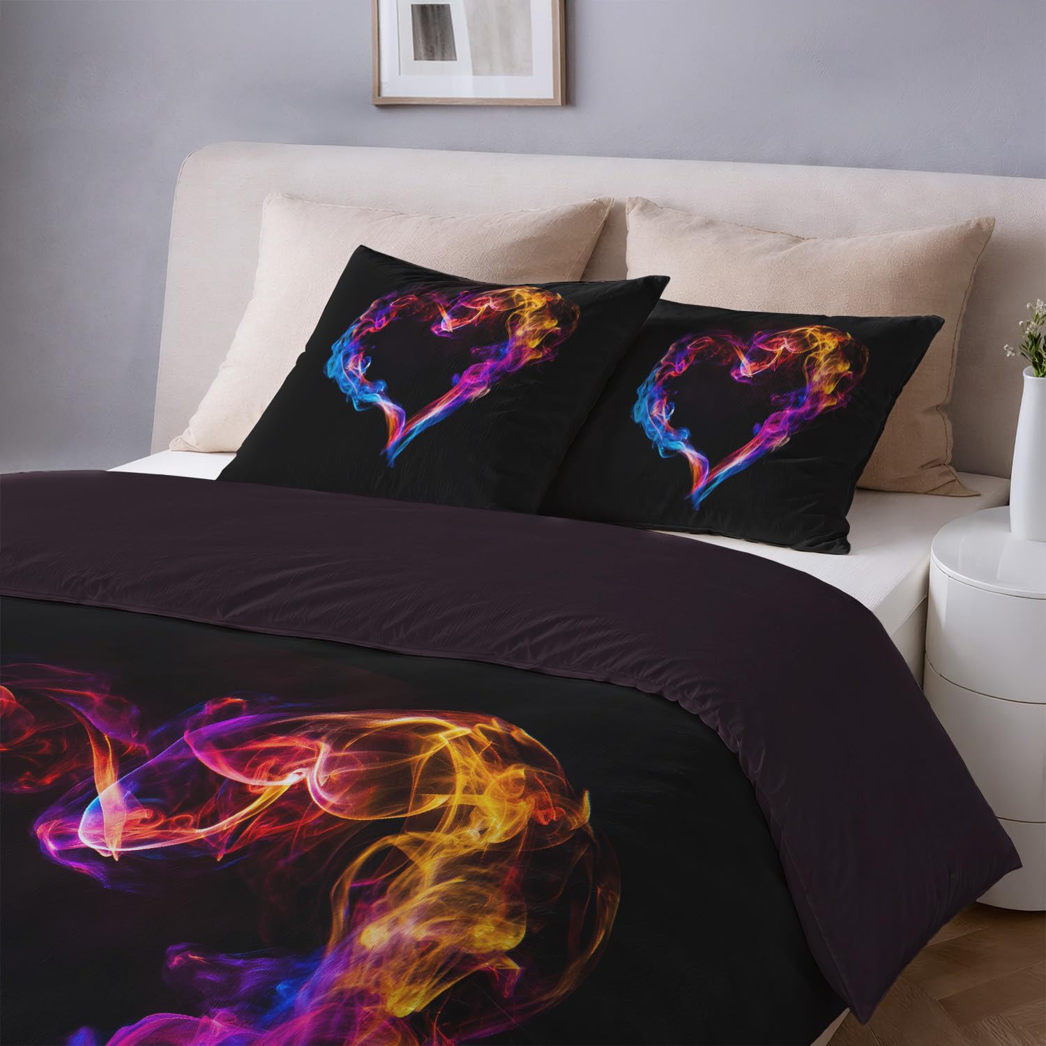 Generisch Fantasy pościel 180 x 200 cm – serce płomień dym, romantyczna, psychodeliczna pościel – oddychająca i przyjazna dla skóry – tęczowa poszewka na kołdrę z 2 poszewkami na poduszkę 80 x 80 cm