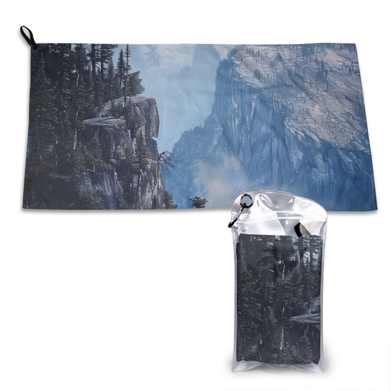 WPKJU Canadian Smokey Mountain Cliff Printed Microfiber Quick Dry Towel 31.5x16in, Lightweight & Compact with PVC Pouch & Carabiner - for Beach, Camping, Gym, Travel & Home Use