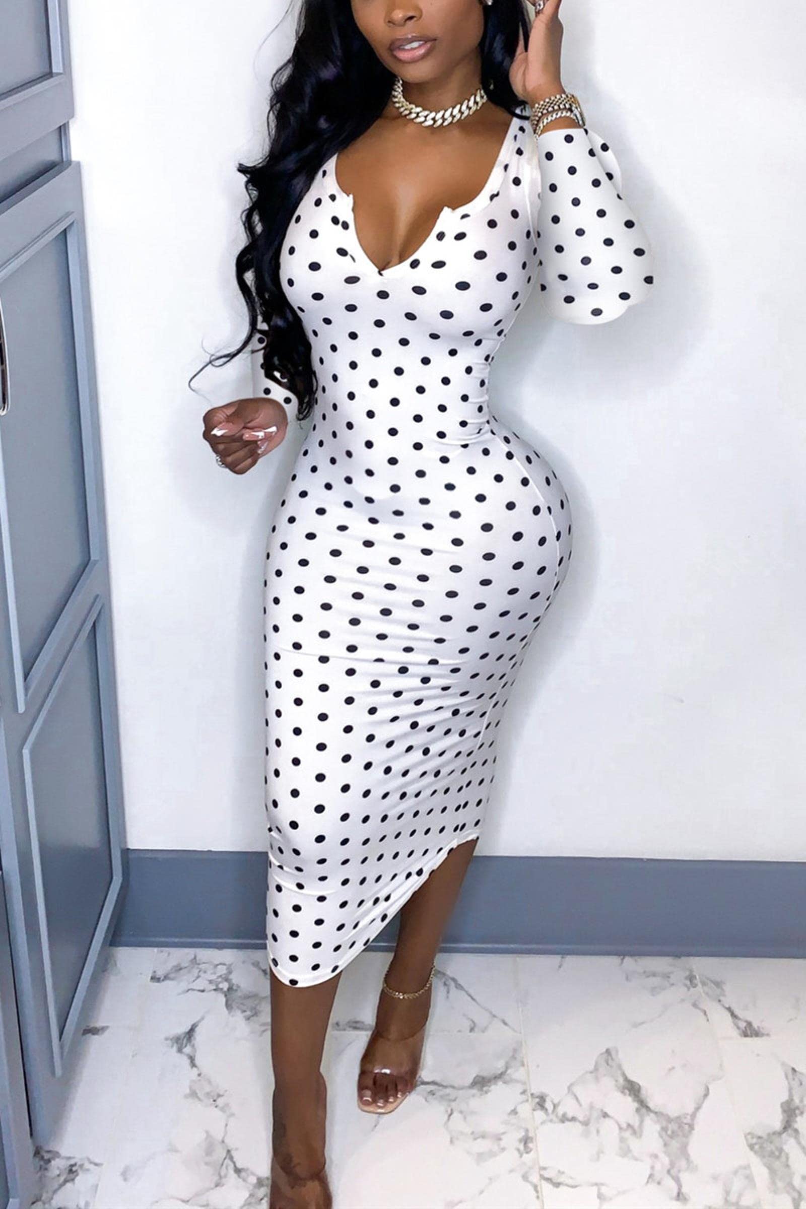 CHOUX Sexy Deep V Low Cut Bodycon Midi Dress Vintage Women Polka