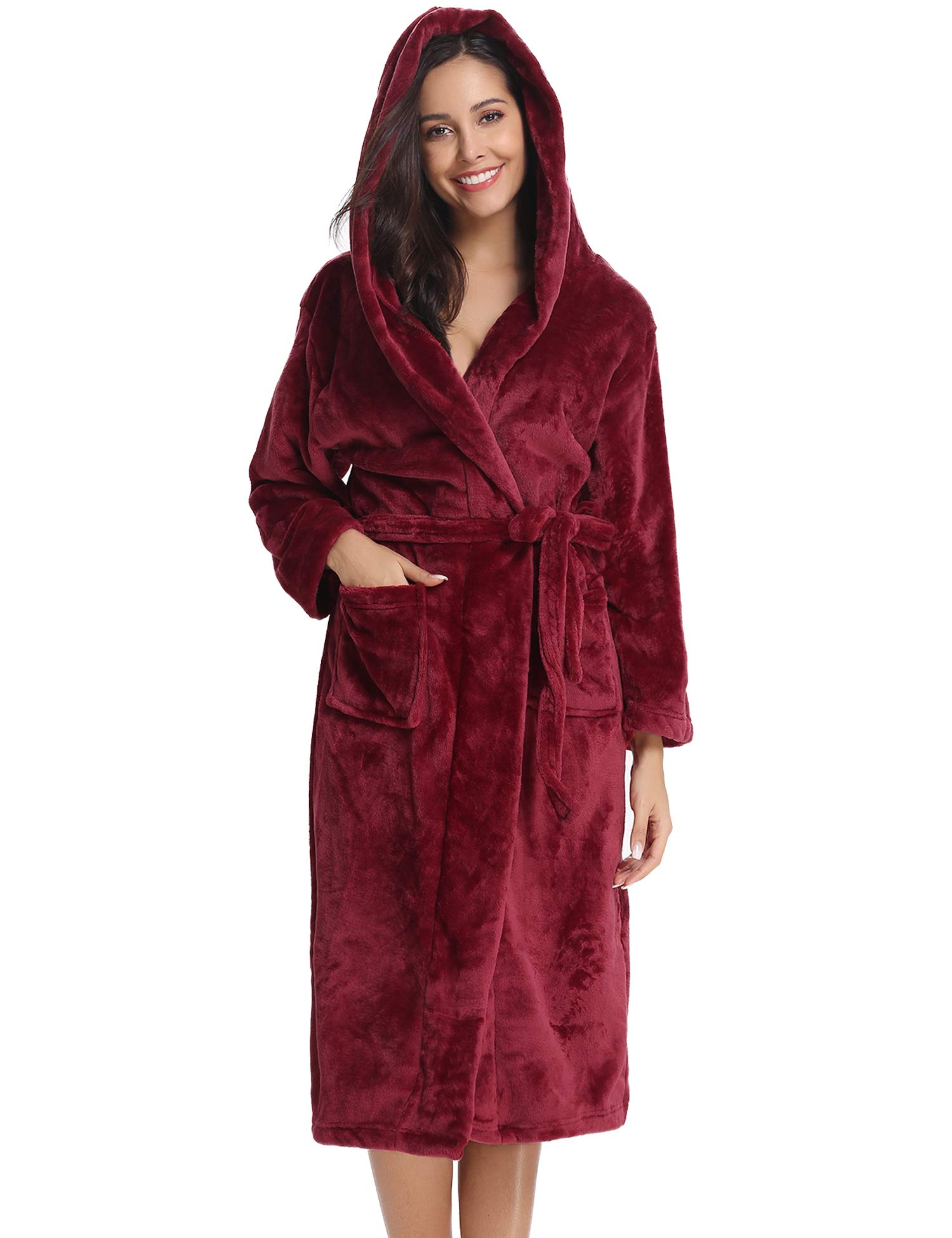 Vlazom Dressing Gown, Flannel Soft Bathrobe Cosy Robes Fluffy Winter Hooded Housecoat for Women/Men, Wine Red-with Hooded, 43687