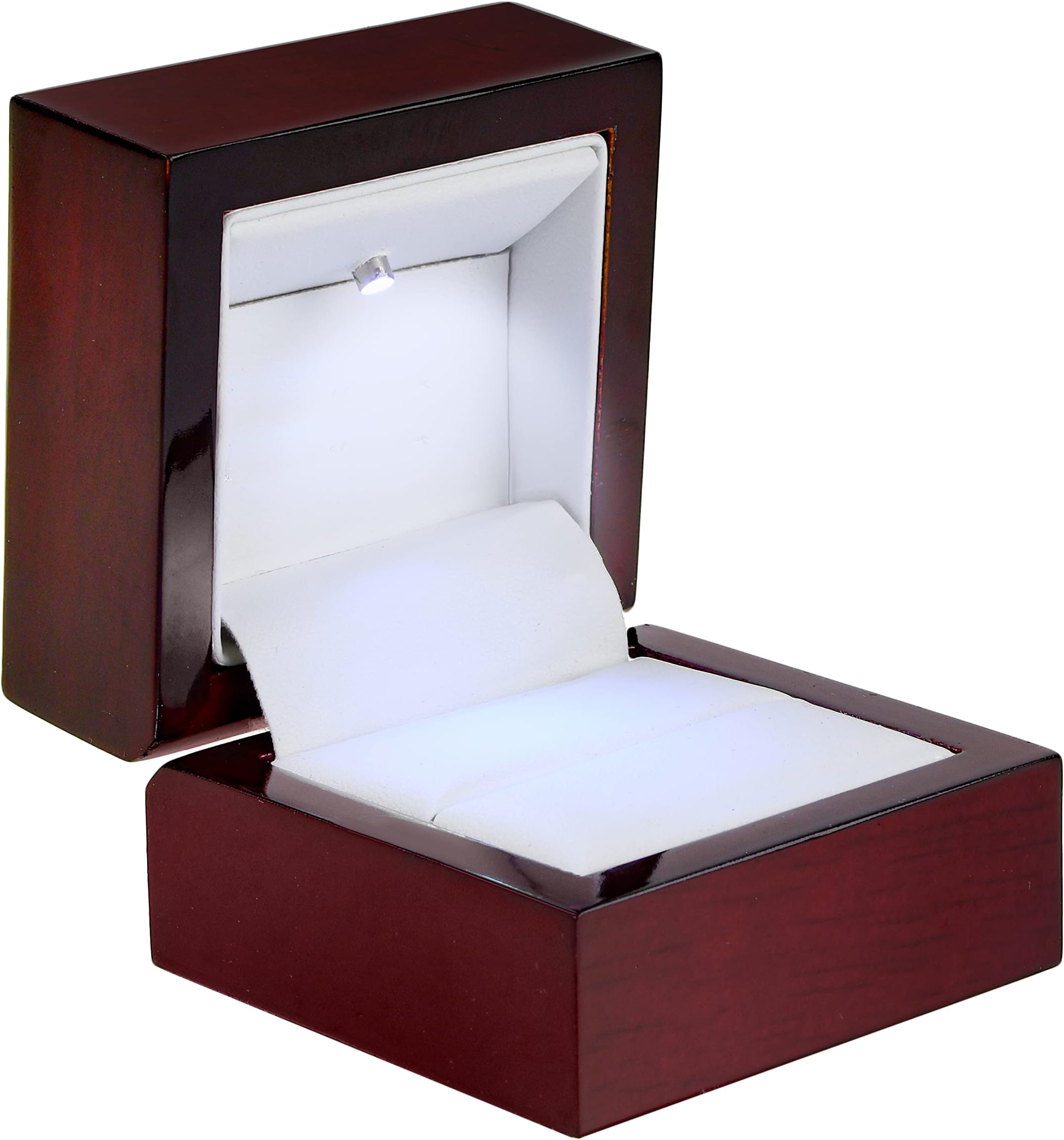 Allure - Luxury Ring Box With LED Light, Authentic Mahogany Wood With White Leatherette Insert, Square Elegant Diamond Ring Case, For Unique Proposal Or Wedding, Small Jewelry Display Gift Box.