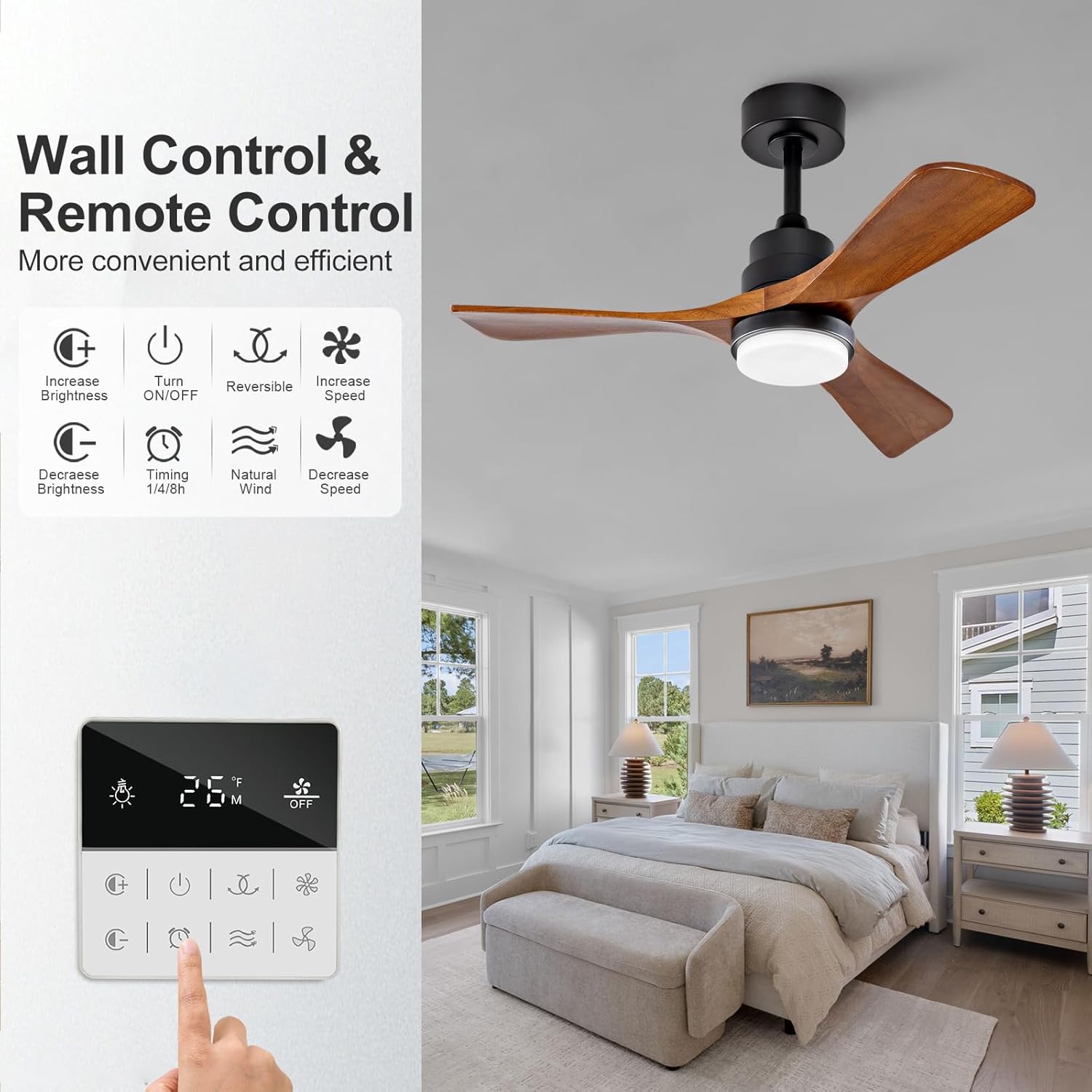 36 Inch Outdoor Ceiling Fans with Lights and Remote Control, Dimmable 3 Blades Wood Outdoor Ceiling Fans for Patios Black Walnut Wood Bedroom Ceiling Fan with Light, Wall Switch
