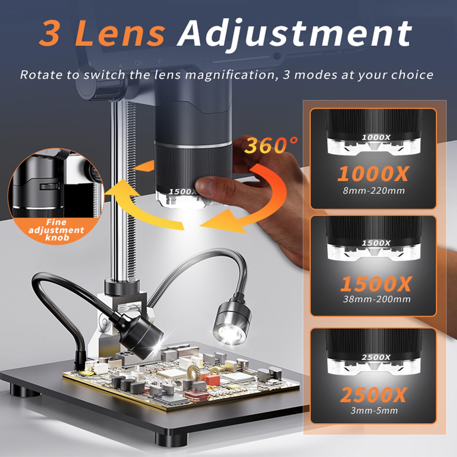 Digitales Mikroskop, 25,7 cm, 2500 x USB, 2 MP, mit LED, für Leiterplattenreparatur, Lötwerkzeug, Digitalmikroskop