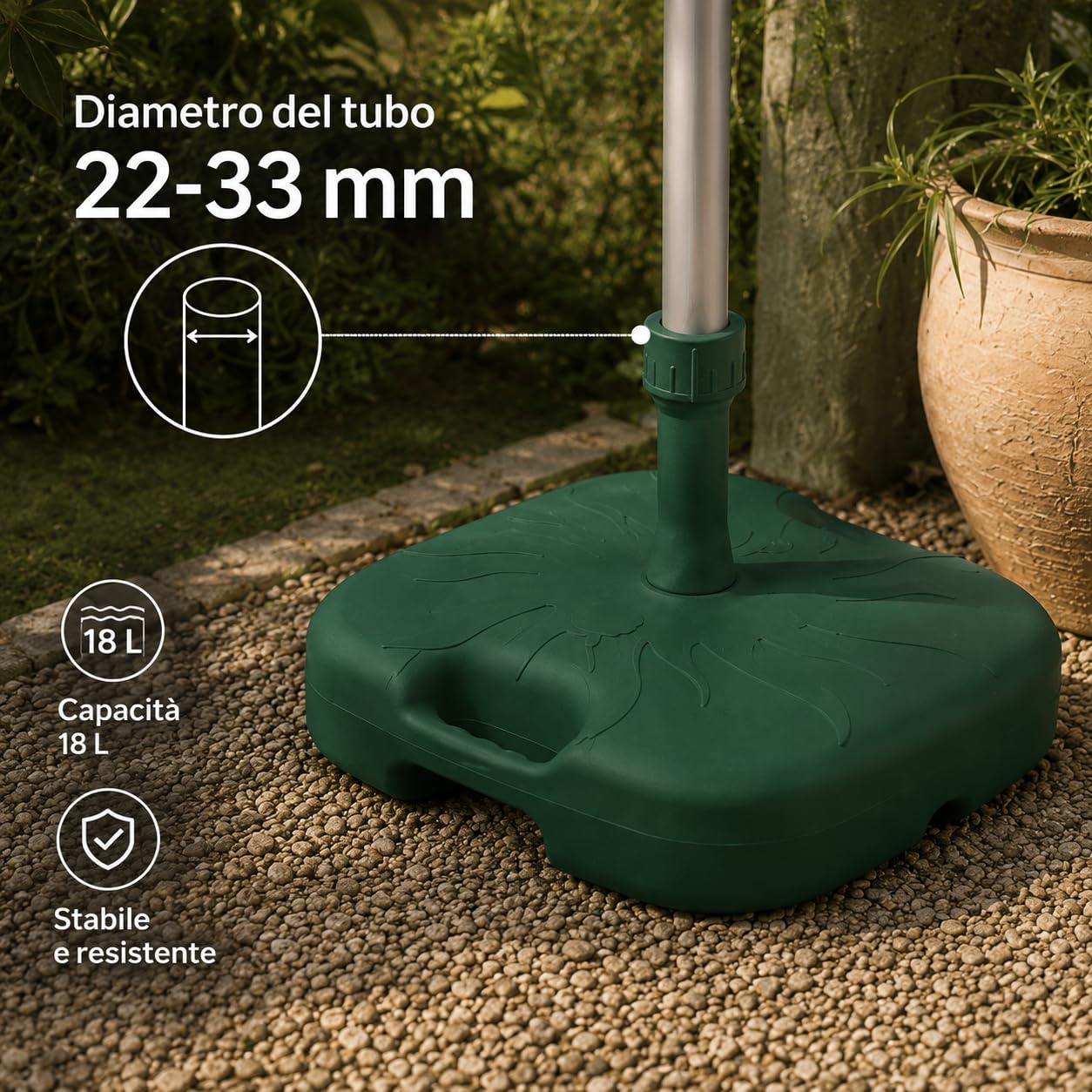 Base Supporto Ombrellone da Giardino 45x45x16h cm PP 18L Maniglie Diametro Tubo 21-33mm Esterno Resistente Riempire Verde