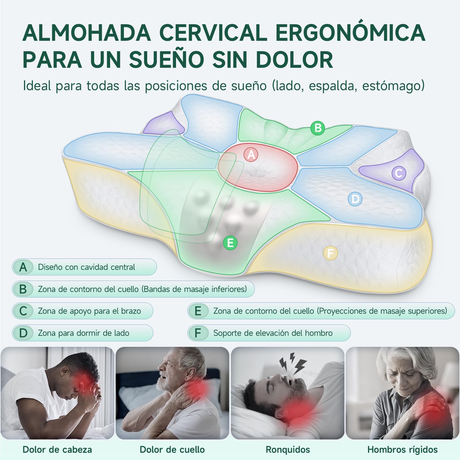 TESQ Almohada Cervical Ergonómica 2 en 1, Almohada de Espuma de Memoria con Altura Ajustable, Ideal para Dormir de Lado y Espalda, Funda Mezcla Nailon Poliéster Lavable, Tamaño 60 x 40 x 9 cm