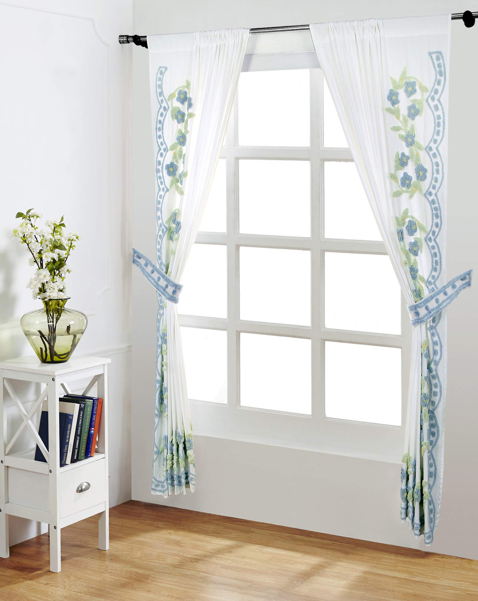 Better TrendsBetter Trends Bloomfield Collection is Super Soft and Light Weight in Floral Design 100% Cotton Tufted Unique Luxurious Machine Washable Tumble Dry, Curtain Set, Blue