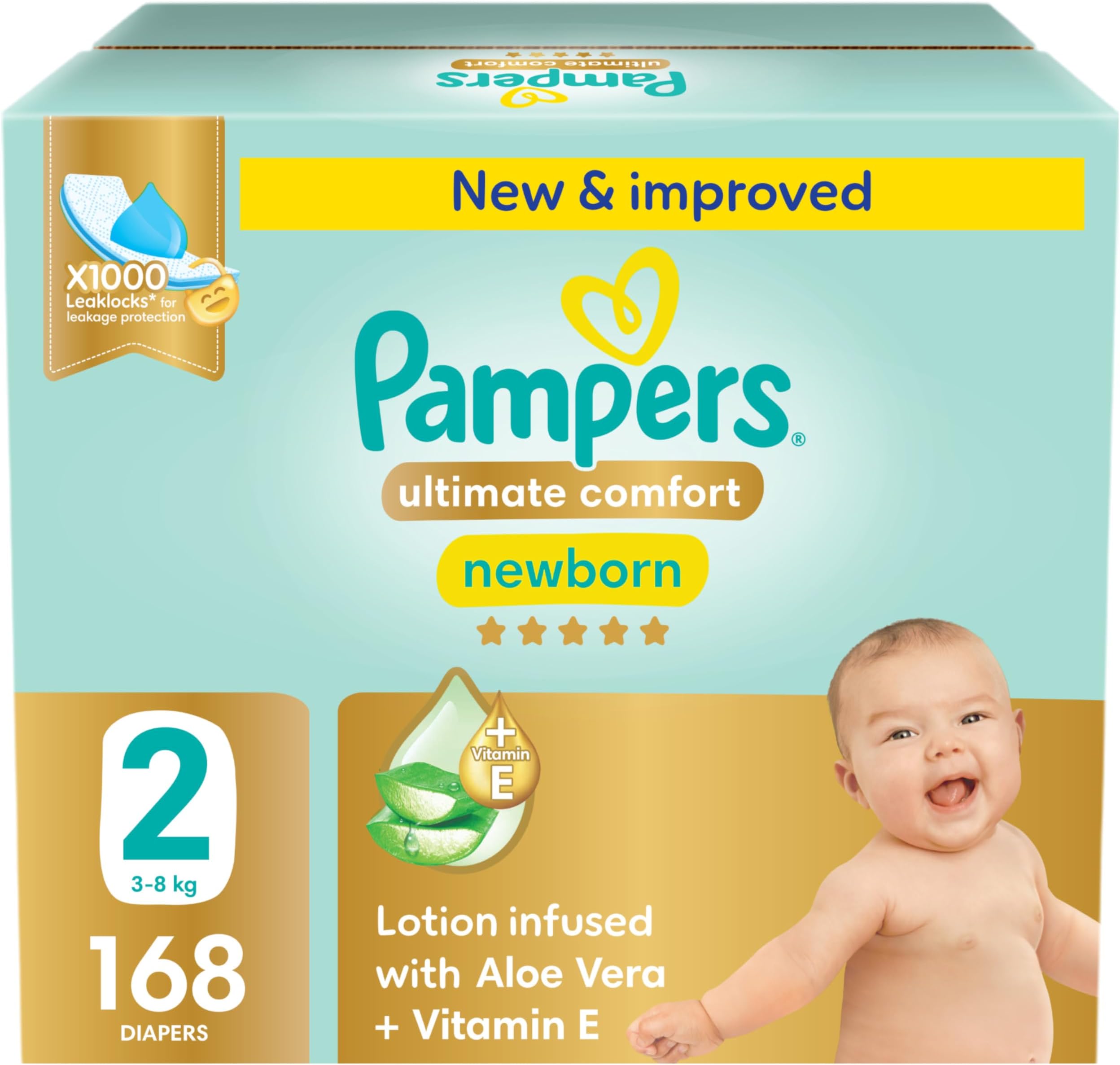 Pampers Ultimate Comfort Taped Diapers, Size 2, 3-8kg, Lotion infused with Aloe Vera and Vitamin E, x1000 Leak Locks Technology for Leakage Protection, Giant Saving Pack, 168 Count