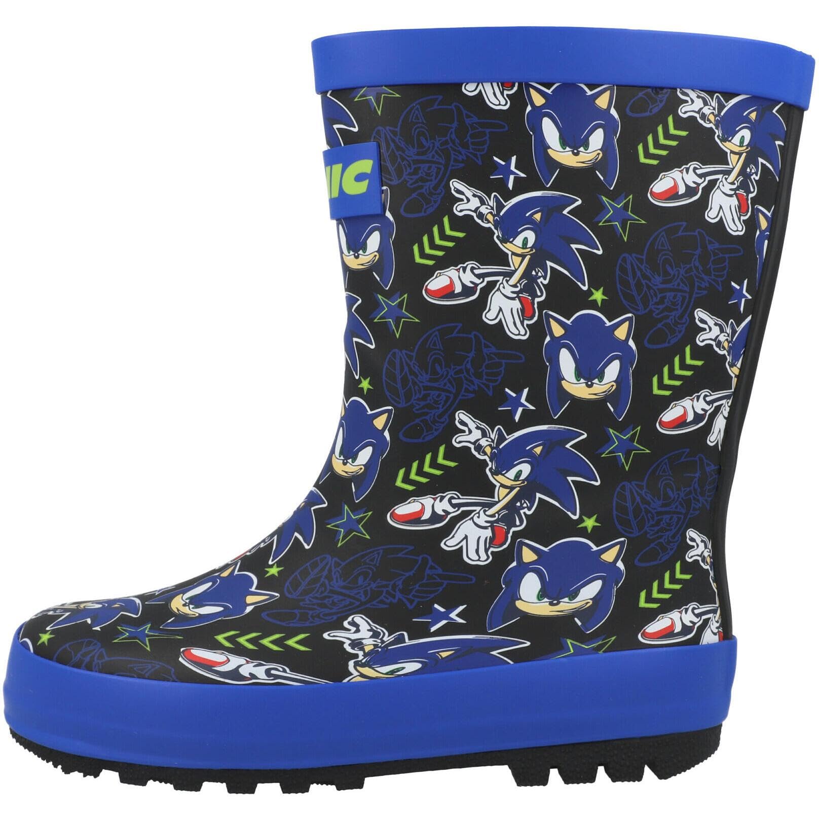 SONIC THE HEDGEHOG Botas de lluvia de goma impermeables con suela de agarre para niños, con licencia oficial, con estampado de personajes azules, botas Wellington para niños, talla 8 a 1