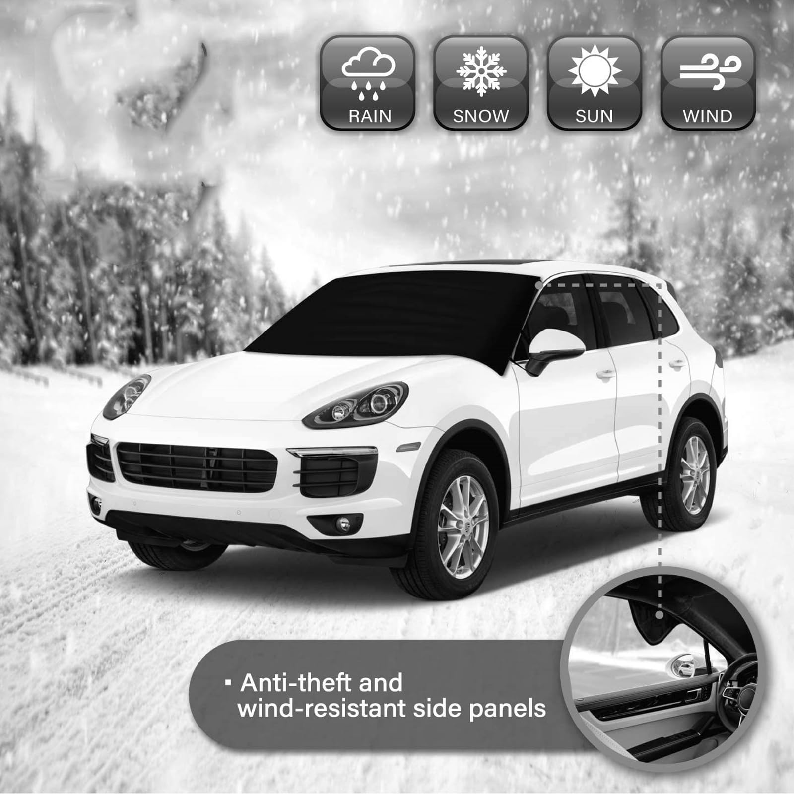 1 PC Car Front Windshield Cover, 75in X 62.25in X 42.25in 600D Oxford Cloth Anti Theft Anti Scratch Easy Clean Snow Cover Winter Protection Accessory - View #9
