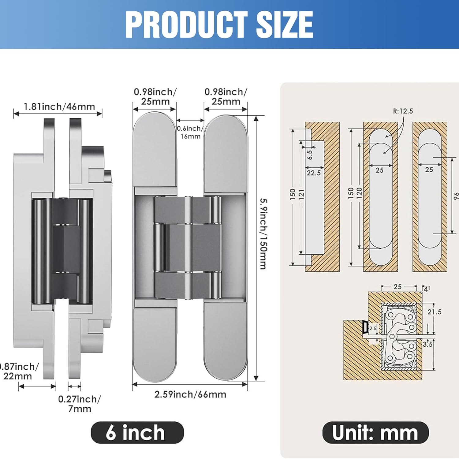 6" Hidden Door Hinge,Invisible Door,Hidden Door Hinges for Secret Door 3-Way Adjustable Butt 6 x 2.5 x 1 (2PCS) (Silver, 6 inches)