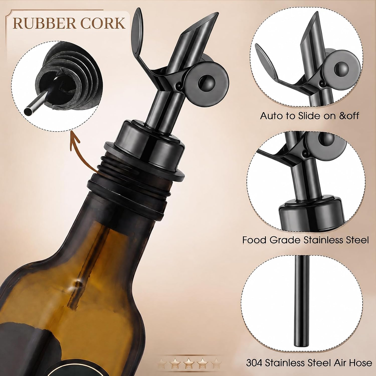 Kinlop 6 Pcs Olive Oil Pourer Spouts Metal Auto Flip Dispenser, Black