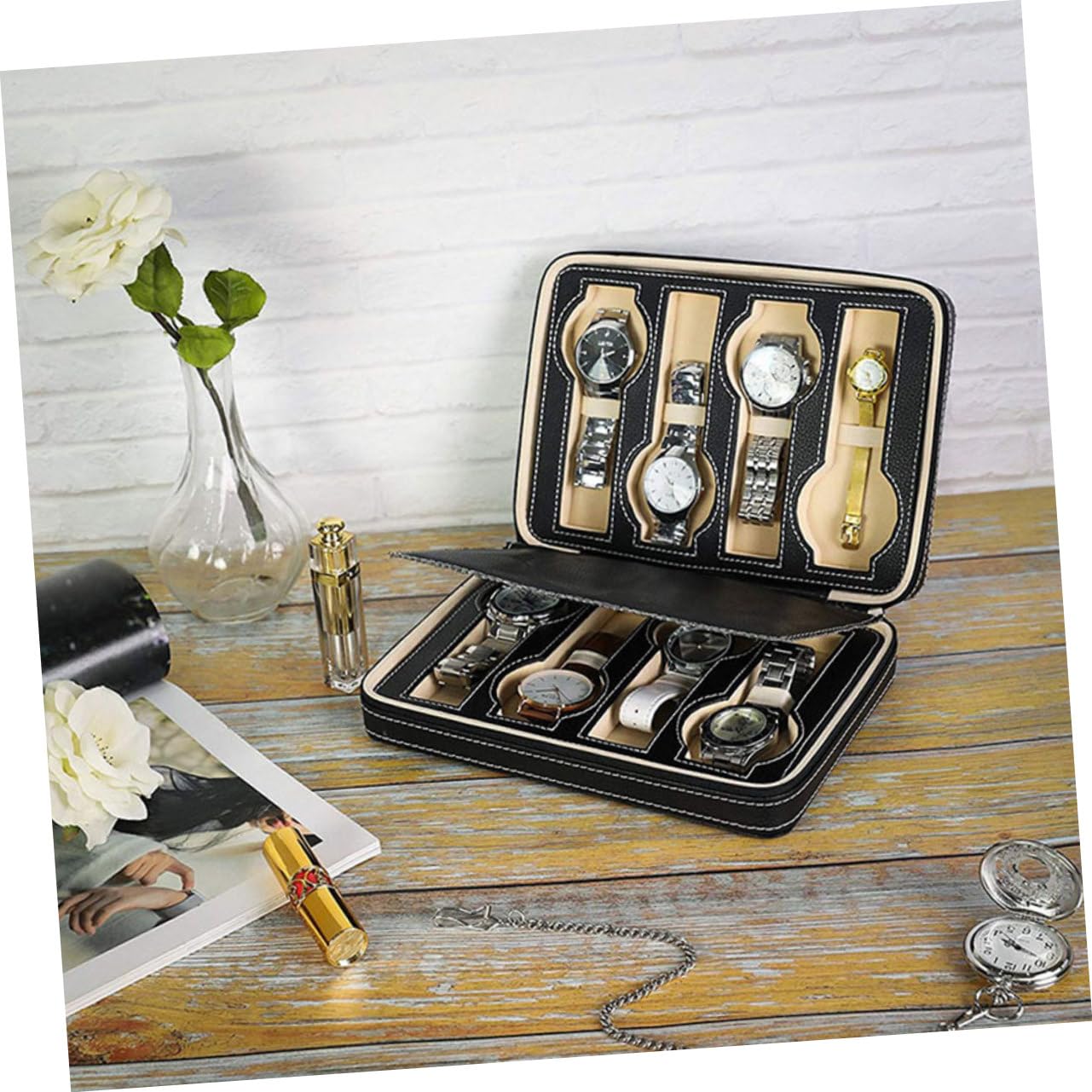 COLLBATH Estuche Para Guardar Relojes Ranuras Costuras Portátil Estuche Protector Caja De Almacenamiento Diseño Profesional