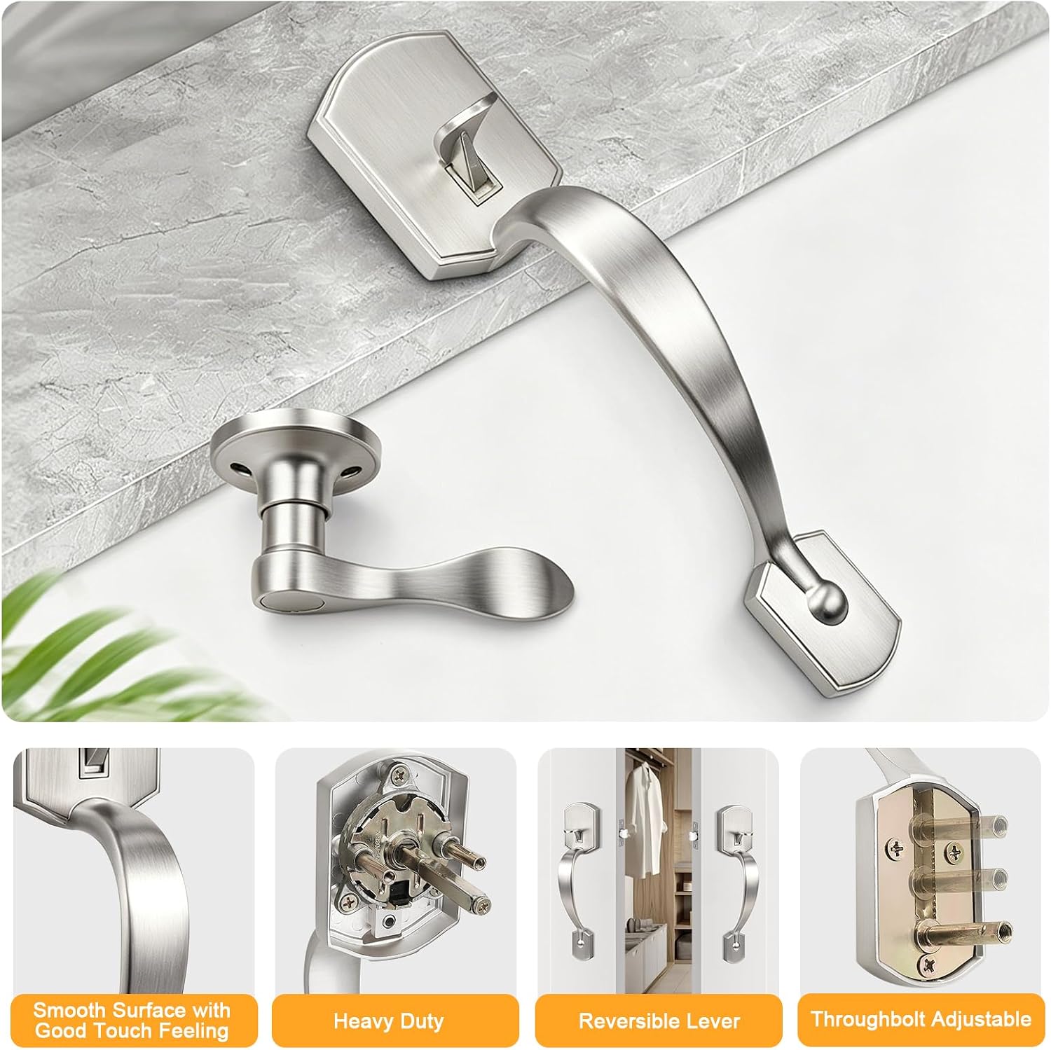 Probrico Brushed Nickel Front Door Handle, Heavy Duty Entry Door Handle with Interior Reversible Handed Lever, Lock Grip Handle with Wave Lever Keyless Door Locks, 1Pack