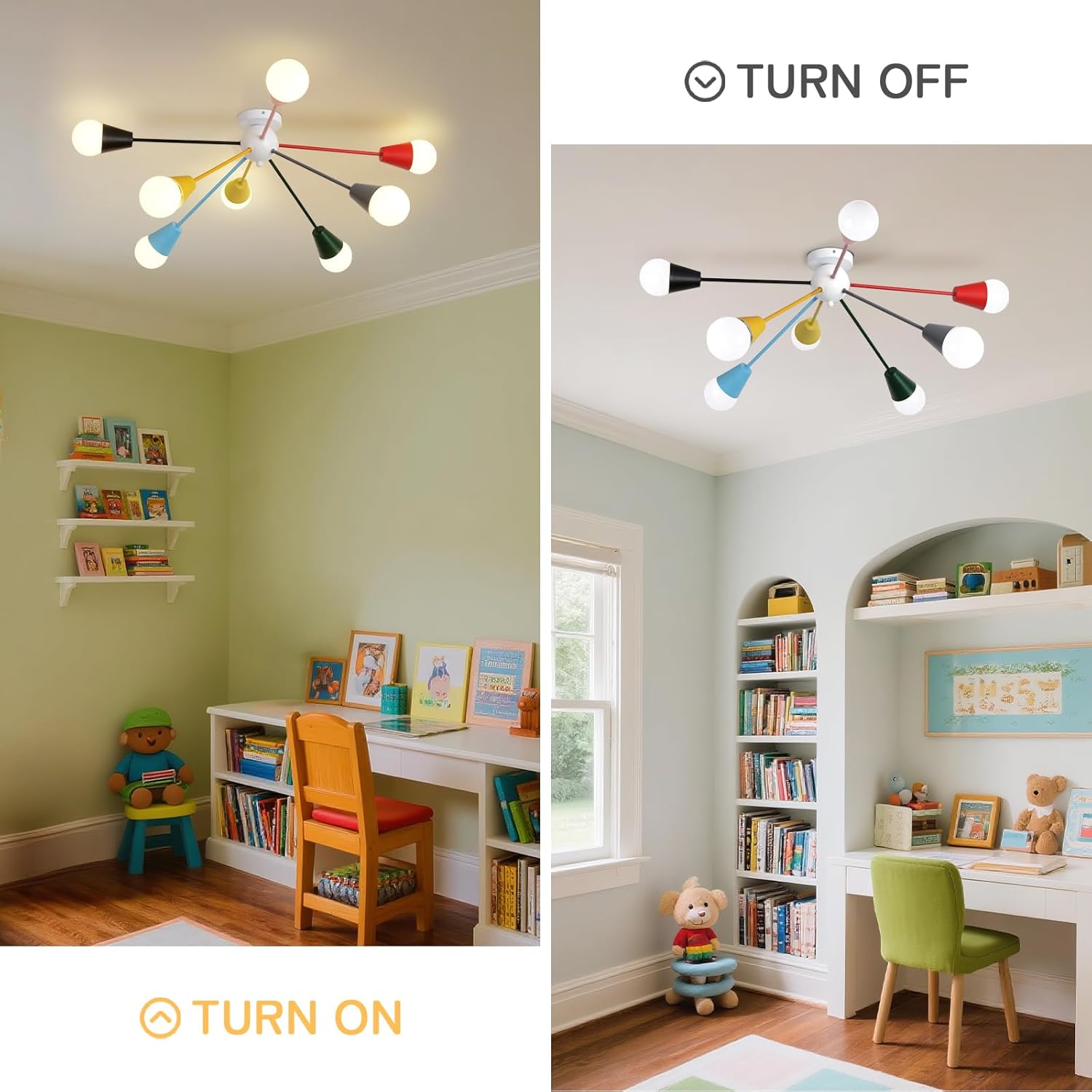 33” Kids Ceiling Light Fixture, Colorful 8-Light Sputnik Chandelier Lighting, Modern Semi Flush Mount Ceiling Lamp for Children Bedroom, Dining Room, Kitchen, Entryway, Playroom, Multi Color