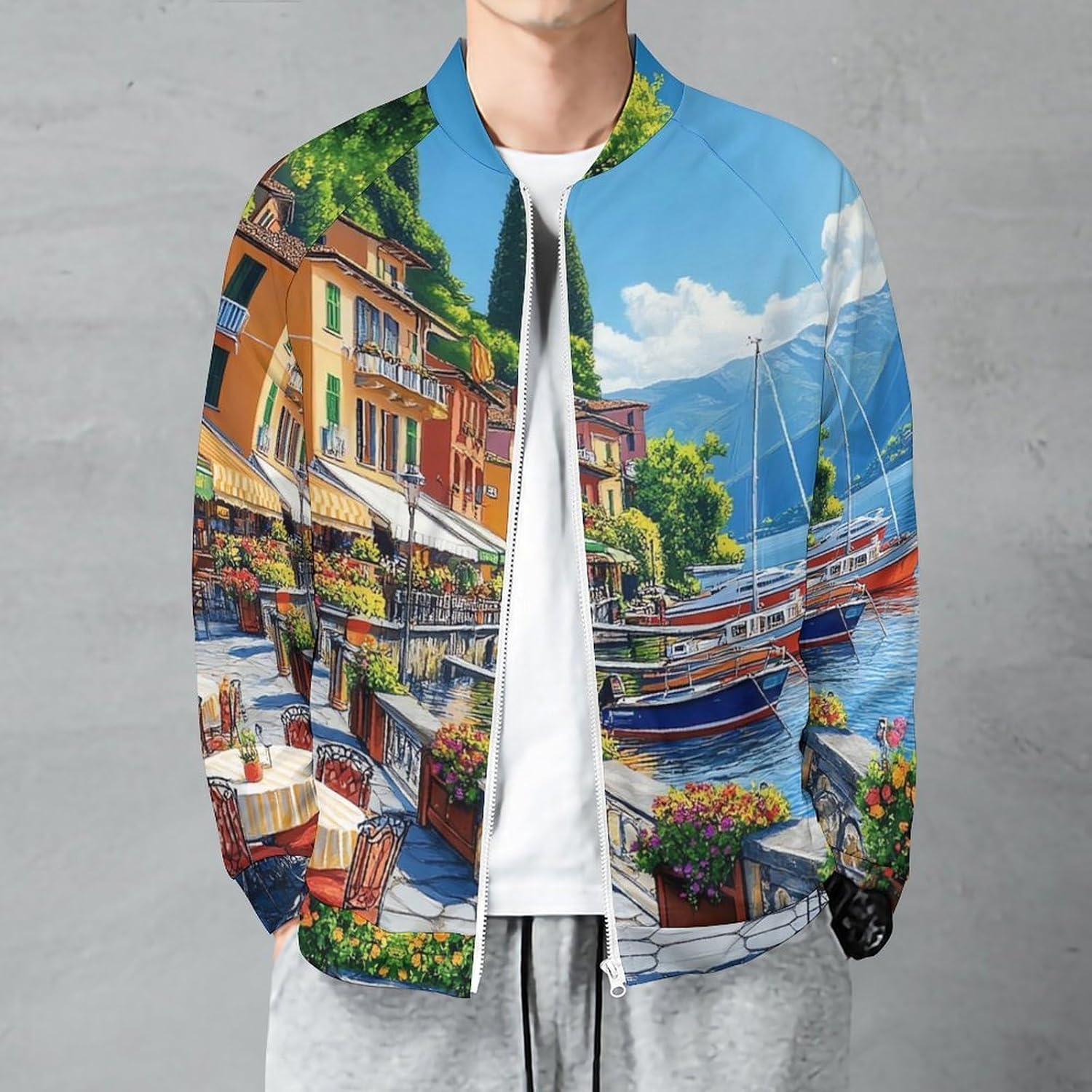 Italy Seaside Town Men's Zip Up Sweatshirt Casual Sweater Jackets Long Sleeve Tops Lightweight Coat