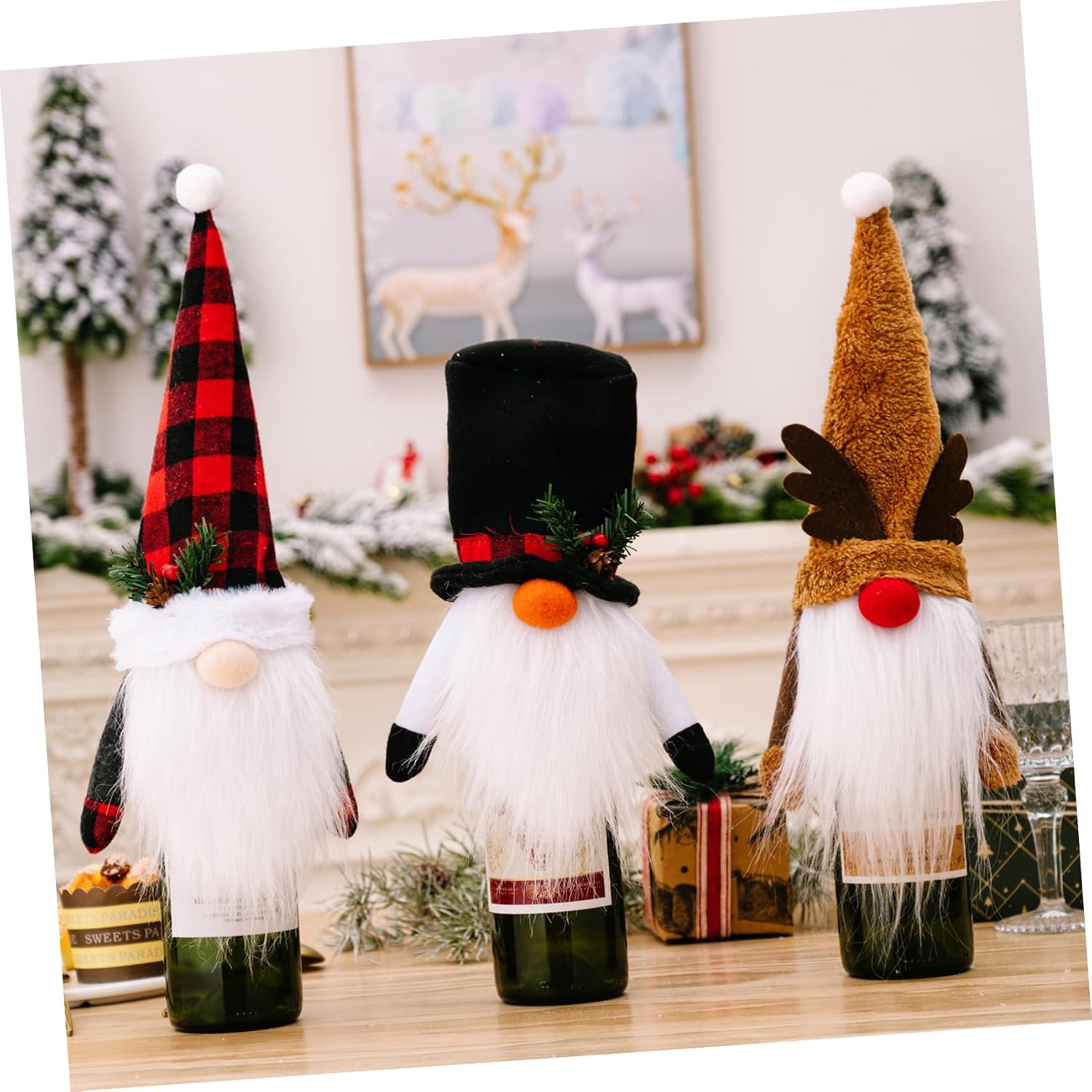 3pcs Plush Wine Bottle Covers Xmas Christmas Party Decorative Ornament