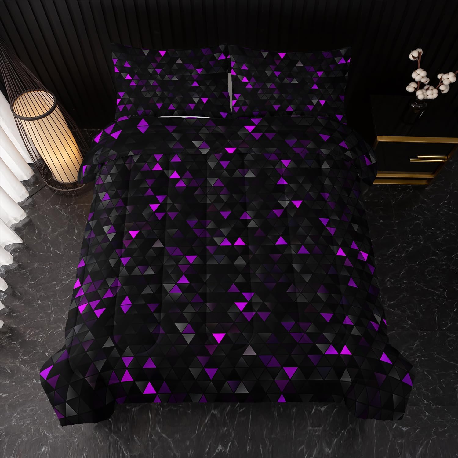 Nttopship Geometric Violet Black Comforter Set,Triangle Honeycomb 3 PCS Bedding Set Twin Size for Teen Adult,Modern Quilt Set Geometry Decor,Microfiber Lightweight 1 Comforter 2 Pillowcases