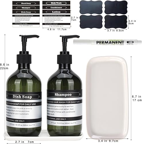 Miniatura 2 de Paquete de 2 dispensadores de jabón de plástico con bomba y bandeja de cerámica, recargable para jabón de manos, jabón para platos, gel de baño,