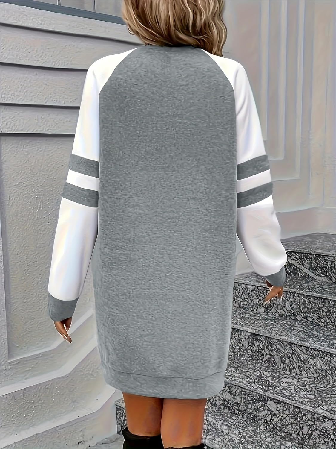Women's Casual Long Sleeve Colorblock Raglan Dress Sweatshirt Dress Soft Fabric for Daily Wear, Shopping & Leisure Activities (Gray M)