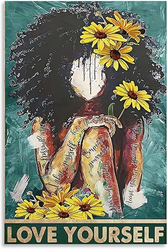 Póster de Love Yourself Value Your Self Black Girl with Girasol, arte de chica afro, mujeres negras, S lienzo para decoración de pared, para el