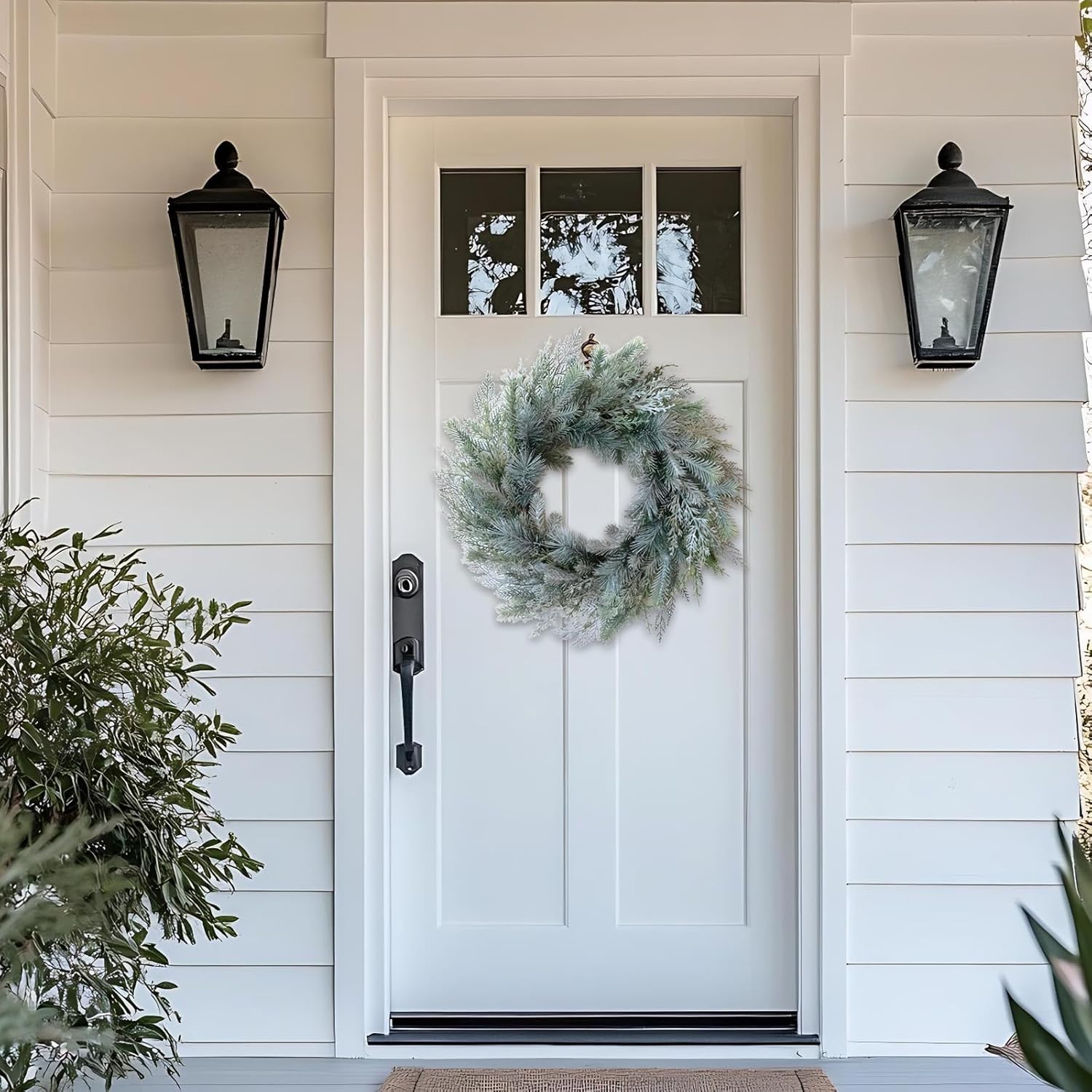 idyllic 24 Inch Norfolk Pine Wreath and Cedar Wreath for Front Door, Real Touch Christmas Wreath for Indoor and Outdoor Decor, Snowy White Xmas Winter Wreaths for Porch or Window - Image 6