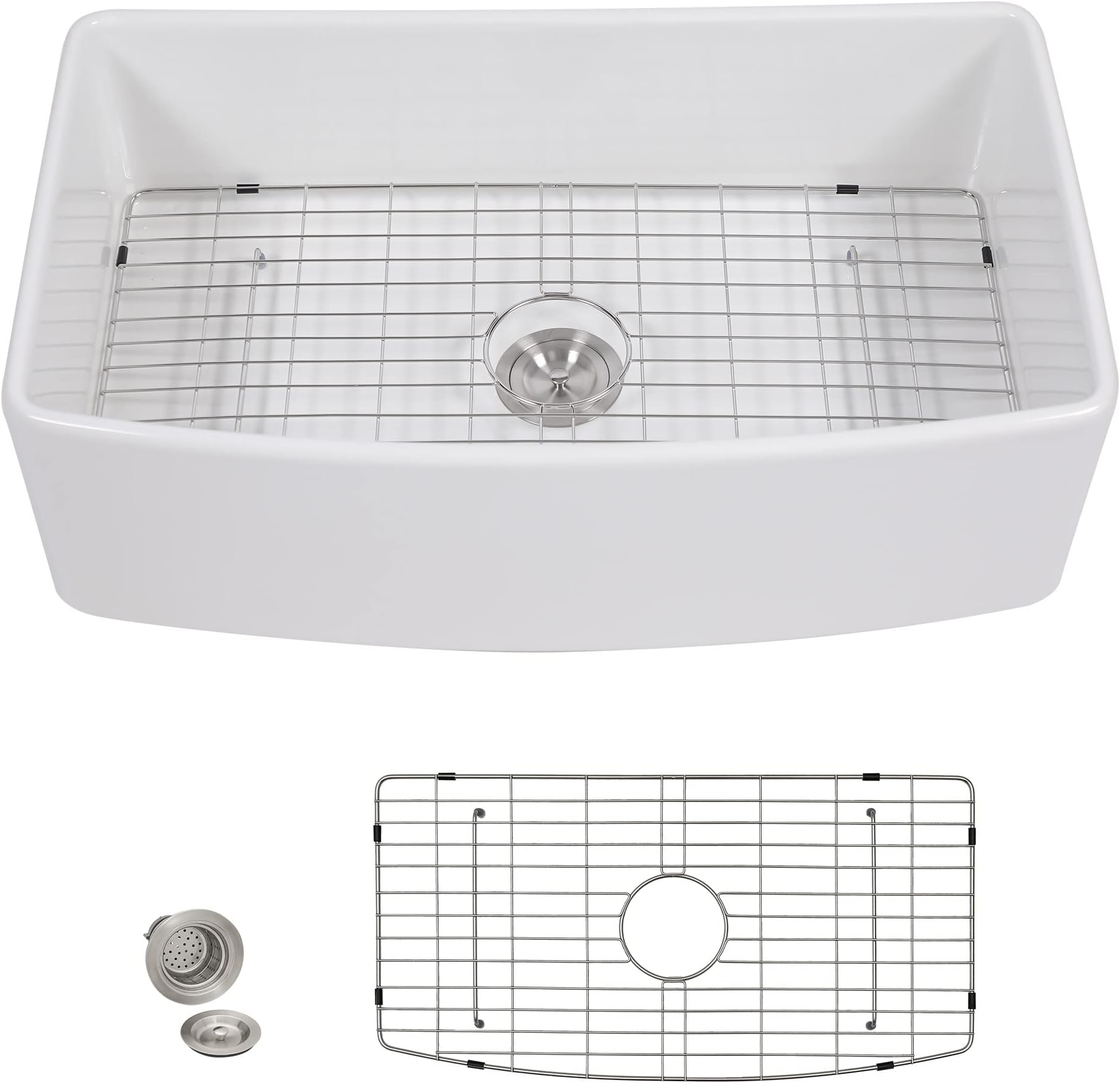 33 White Farm Sink - Fulorni 33"x20" Curved Apron Front Farmhouse Sink Single Bowl Ceramic Porcelain Fireclay Farmer Style Kitchen Sink Basin