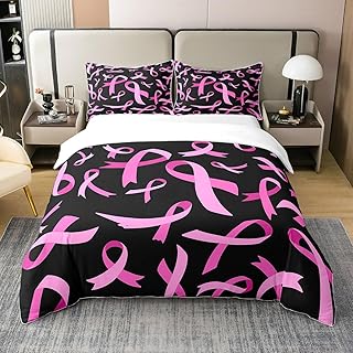 Erosebridal Pink Ribbon 100% Cotton Duvet Cover Queen Breast Cancer Awareness Bedding Set for Women Youth Girls,Breast Cancer Survivor Comforter Cover Breast Cancer Bed Sets with 2 Pillowcases