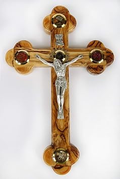 Jerusalem Olive Wood 11" Cross 14 Stations Crucifix from Bethehem with Holy Land Essences