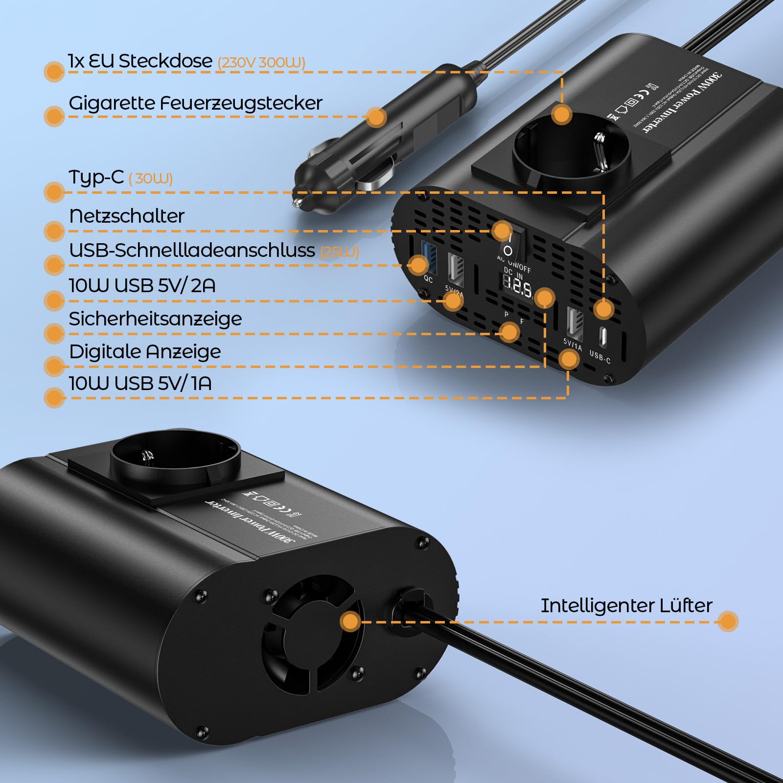 300W Wechselrichter 12V auf 230V, spannungswandler 12v 230v mit 1 Steckdosen、Type-C 30W、USB-Schnellladung 25W、3 USB-Anschlüsse, LED-Anzeige, Laden von Handys, Laptops und Anderen Geräten