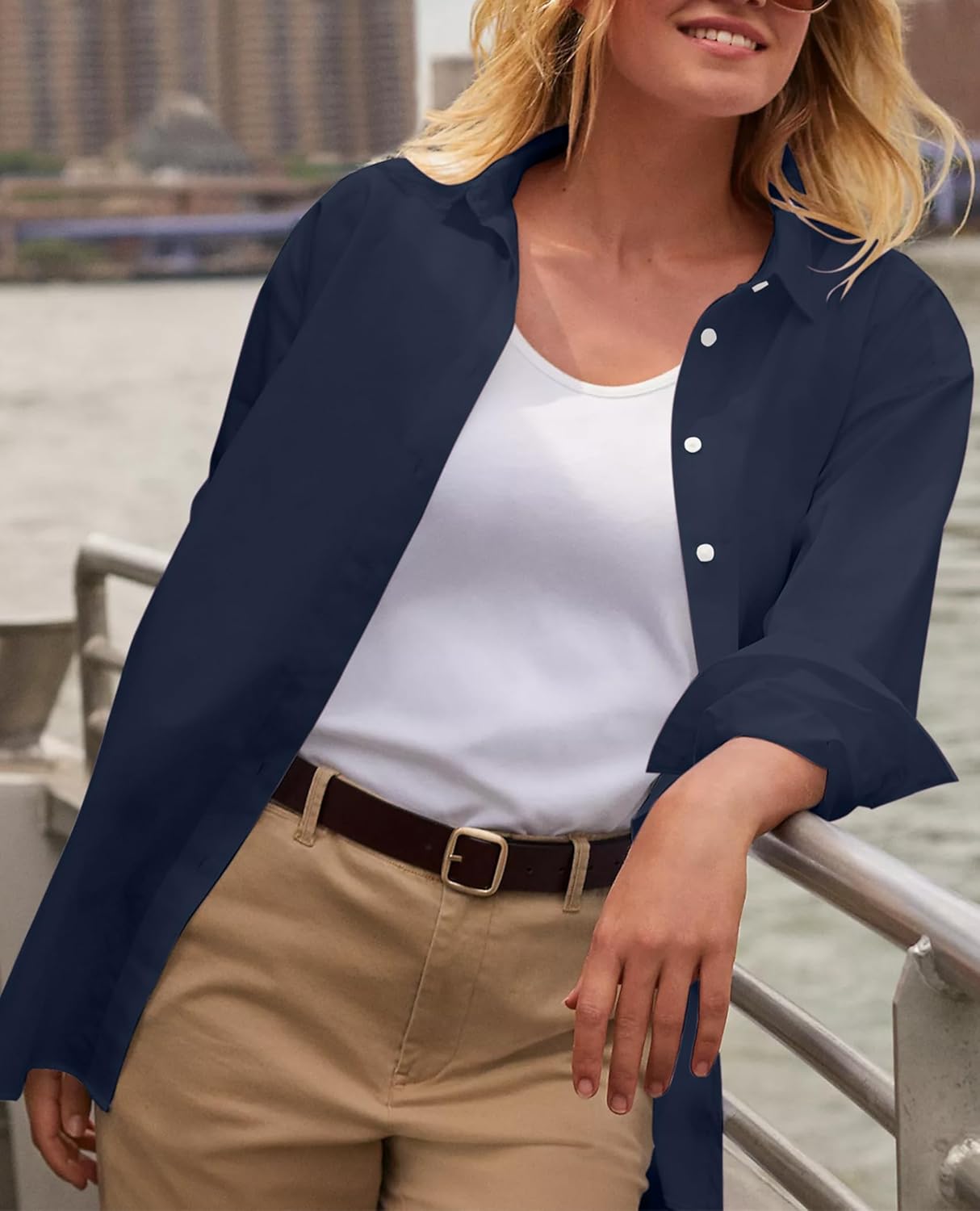 siliteelon Button Down Shirts for Women Oxford Shirt Cotton Dress Shirts Collared Long Sleeve Wrinkle Free Blouse Tops - Image 3