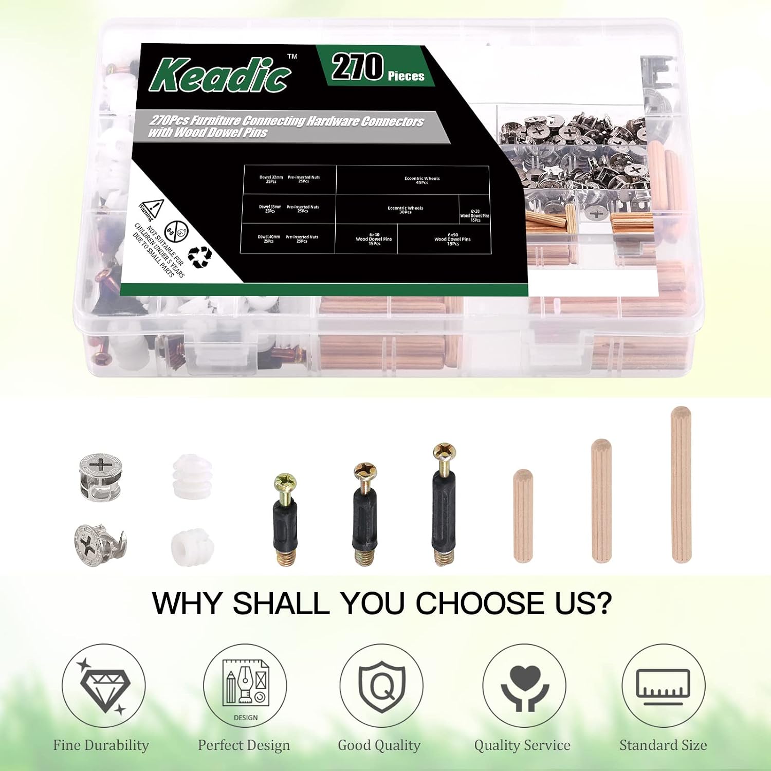 Keadic 270Pcs 3 in 1 Cam Lock Nuts and Wood Dowel Pins Assortment Set Furniture Connecting Fittings Nut Screws Bolts Fasteners Connectors for Cabinet Drawer Dresser Wardrobe Furniture Panel (Silver)