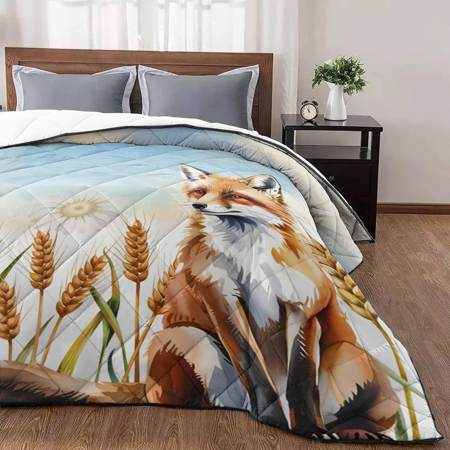 Quilt California King Luxury Quilted Comforter Bedspread-Thin Soft Cozy, Fall Rustic Watercolor Daisy Wheat Fox Blue Gradient Sky Reversible Stitched Lightweight Quilt Coverlet for All Season