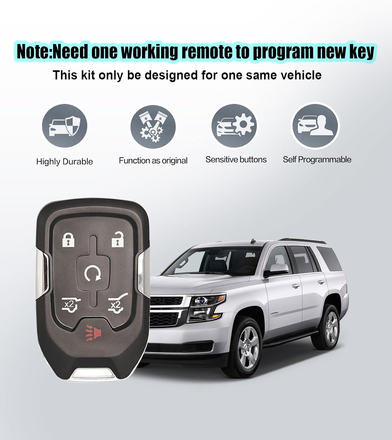 Replacement Car Key Self Progrmmable Smart Keyless Entry Remote Control Compatible with 2015-2020 GMC Yukon XL Denali Chevy Suburban Tahoe HYQ1AA (2pcs self programming/HYQ1AA)