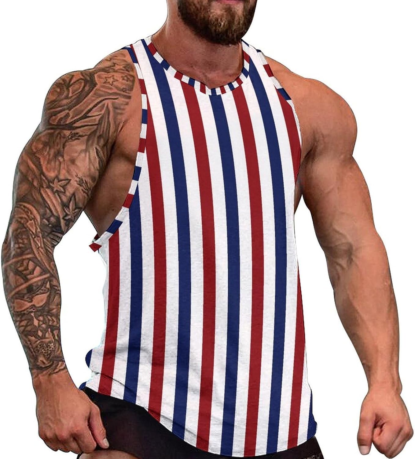 Red, White, and Blue Stripes Mens Tank Tops Sleeveless Muscle Shirts Beach Casual Gym Shirt Vest Tee Tops
