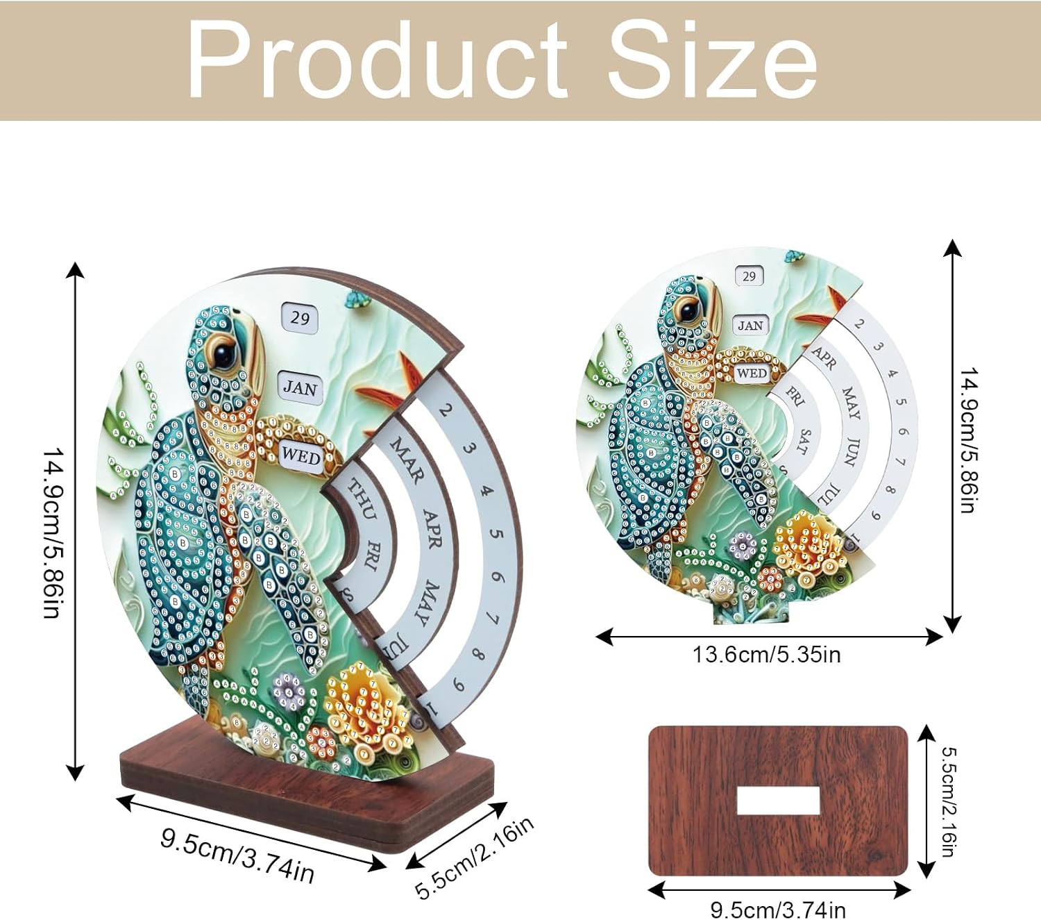 MVVMTOP Diamond Painting Wooden Rotating Calendar Kit, Turtle Design Special Shape Diamond Art Handicraft Kit, Rotating Day Month Week and Reusable Calendars, Ideal for Desk Decor & Gift