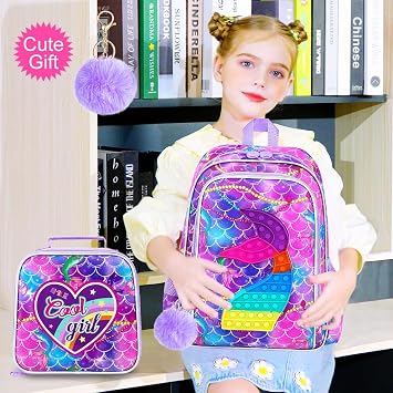 AGSDON 3PCS Mermaid Backpack for Girls, 16 Kids Backpacks with Lunch Box, Water Resistant Girl Bookbag for School Elementary