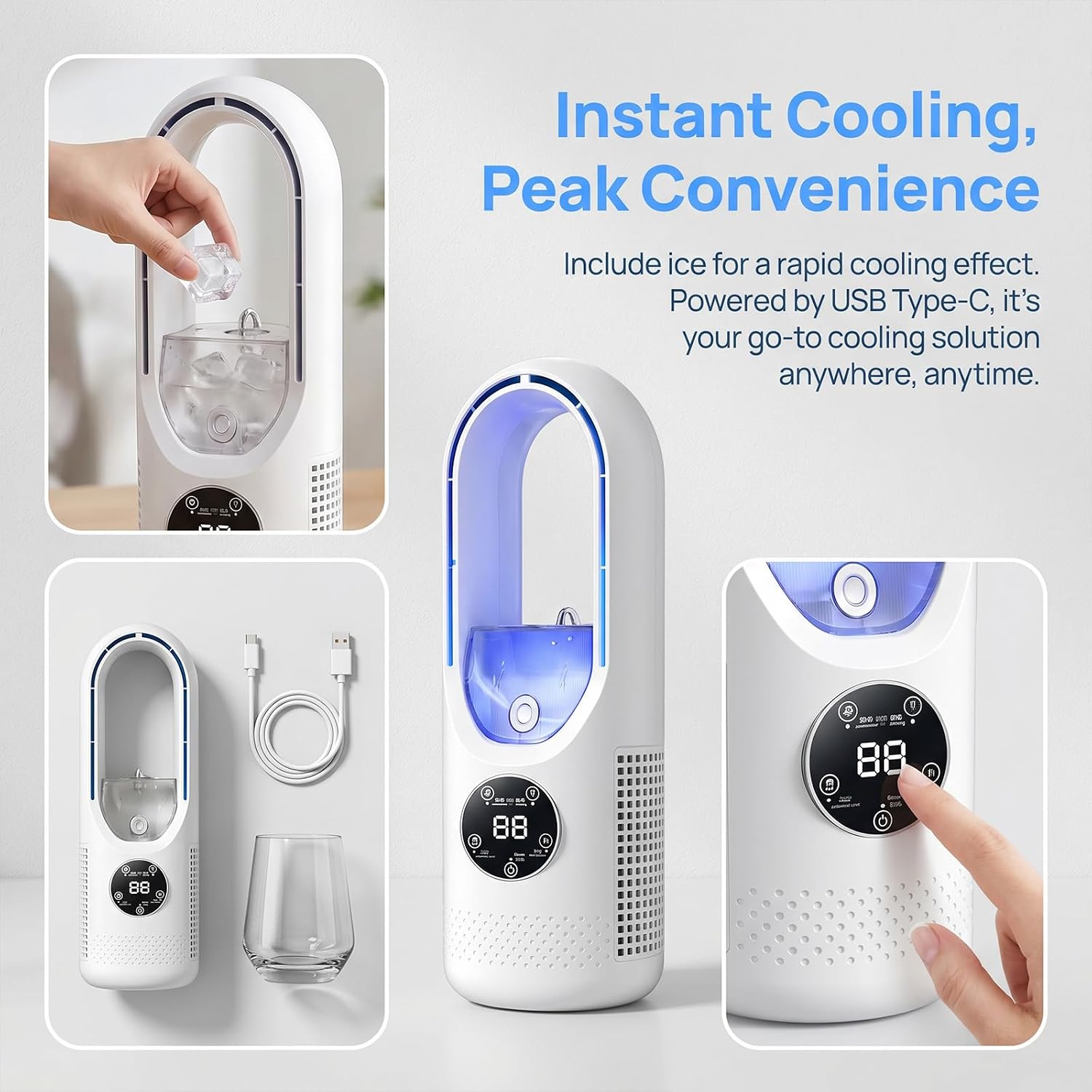 6-Speed Bladeless Electric Fan with Light, Small Bladeless Fans Quiet Design, Misting Desk Fan with 100ml Water Tank, Timer & 7-Color Light to Beat Summer Heat for Sleep & Work in Office (2 Pcs Blue)