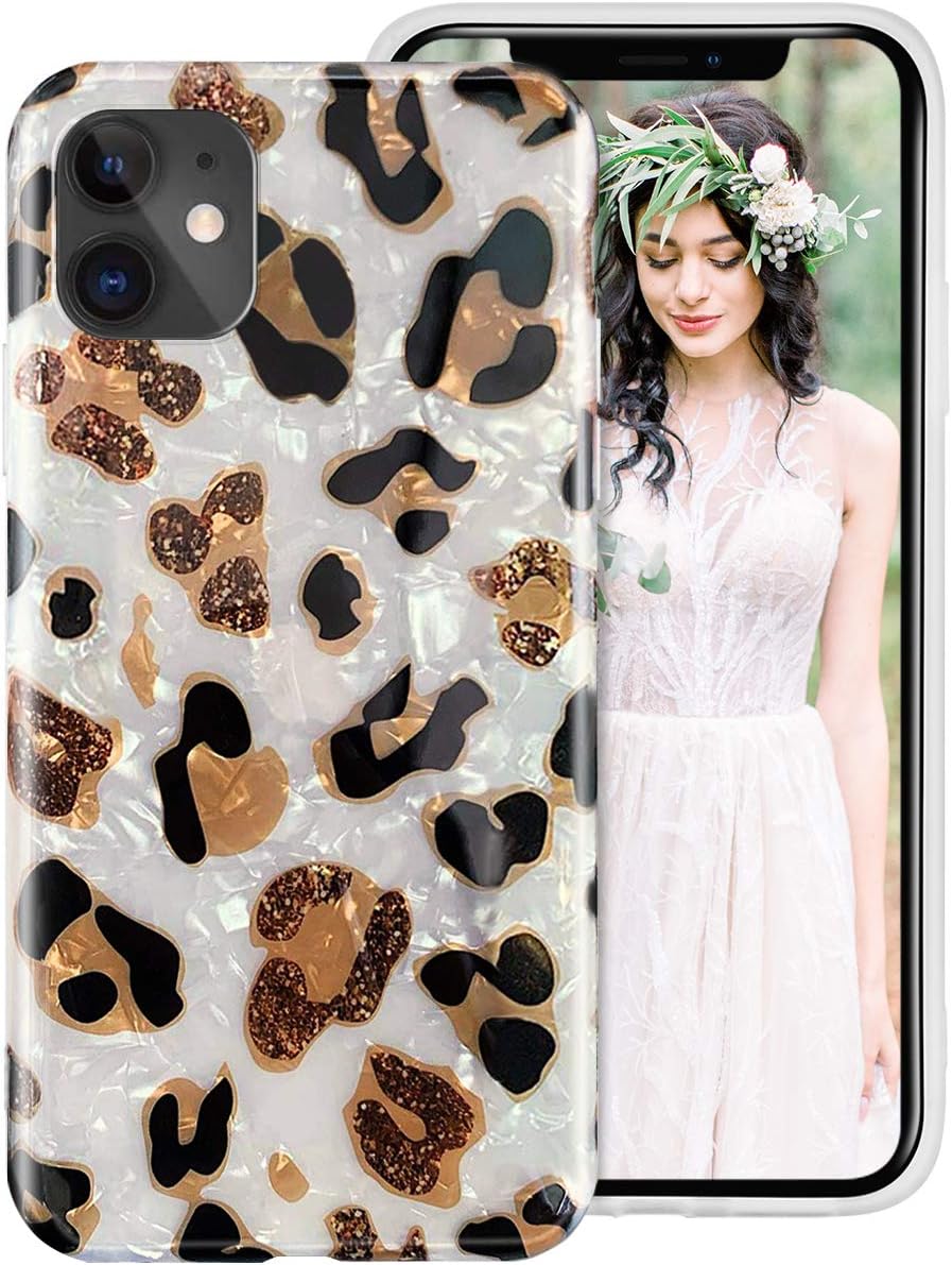 iPhone 11 Case for Girls Women,Glitter Leopard Cheetah Print Cute Design Soft Silicone Protective Phone Case Cover with Sparkly Pearly-Lustre Shell Pattern for Apple iPhone11 6.1 2019