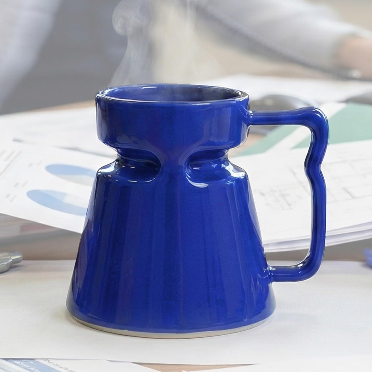 Wide Bottom Handmade Coffee Mug, Tip-Proof Ceramic Mug with Weighted Non-Slip Base, Stable Desk & Travel Mug for Office, RV & Boat, Retro Sci-Fi Design, Unique Appreciation Gift