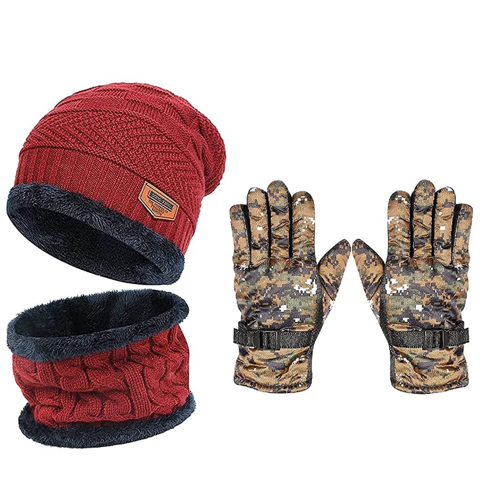 Winter Woolen Cap, Neck Warmer Scarf with Military Color Gloves Set-image-29