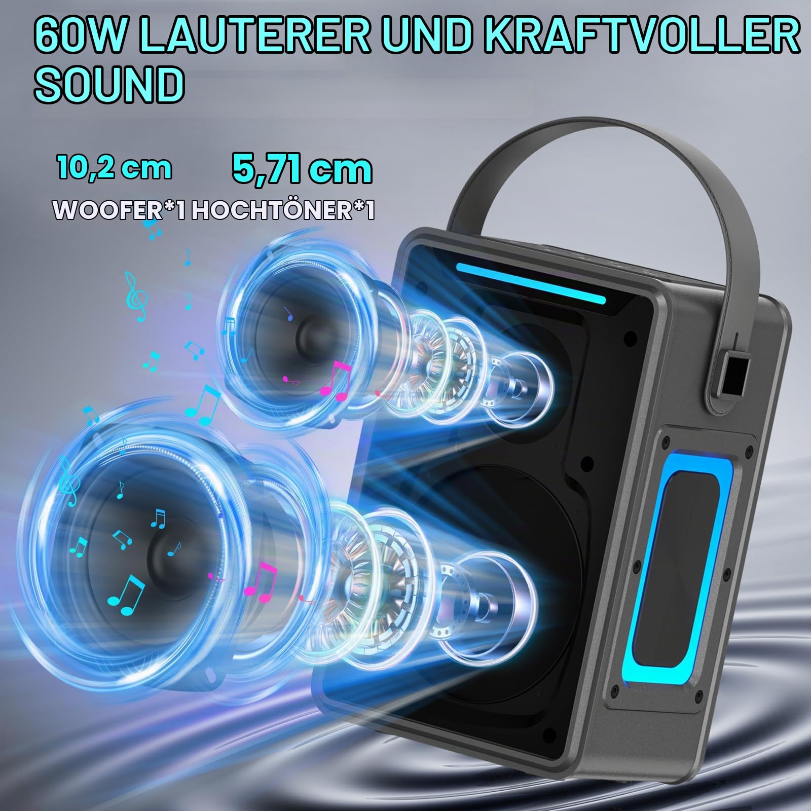 Tragbarer Bluetooth Lautsprecher 60W, IPX6 wasserdichter kabelloser Speaker mit kräftigem Bass, TWS Kopplung, DSP Stereo Sound, LED Licht – für Zuhause, Party, Camping, Strand (Schwarz, Schwarz)