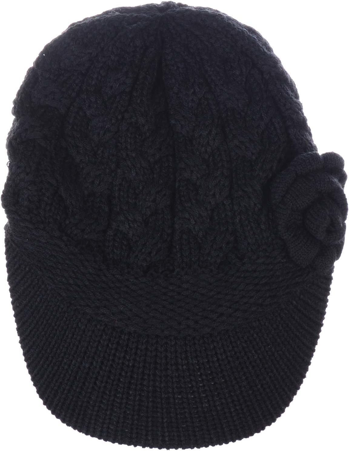 Womens Winter Elegant Cable Flower Knitted Newsboy Cabbie Cap Beret Beanie Hat with Visor, Warm Plush Fleece Lined - Image 4