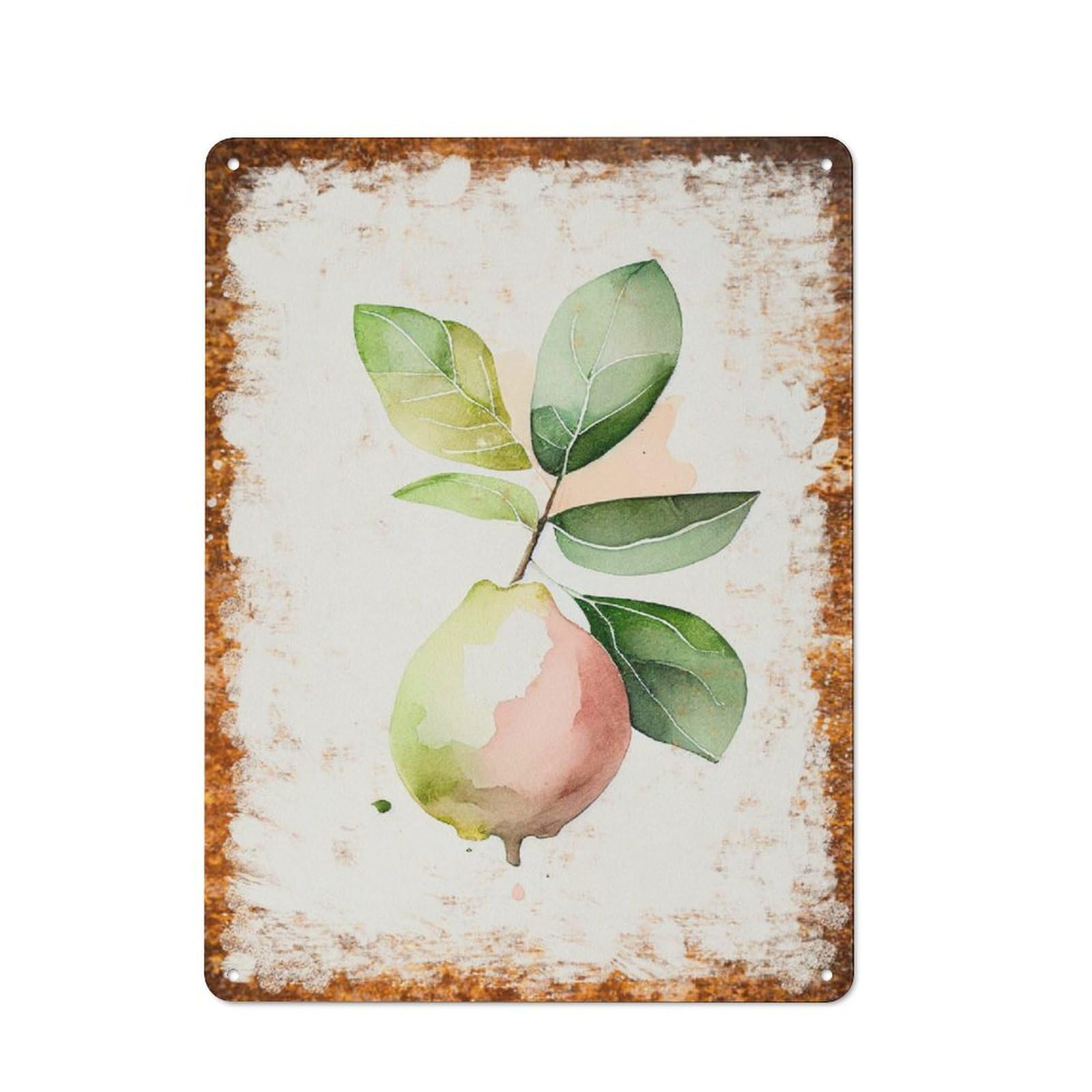 Metal Tin Sign Pear With Leaves Watercolor Pattern Vintage Rustic Wall Art Kitchen Bathroom Bedroom Living Room Cafe Farmhouse Entryway Office Garage Home Bar Laundry Room Porch Patio 8x12 Inch