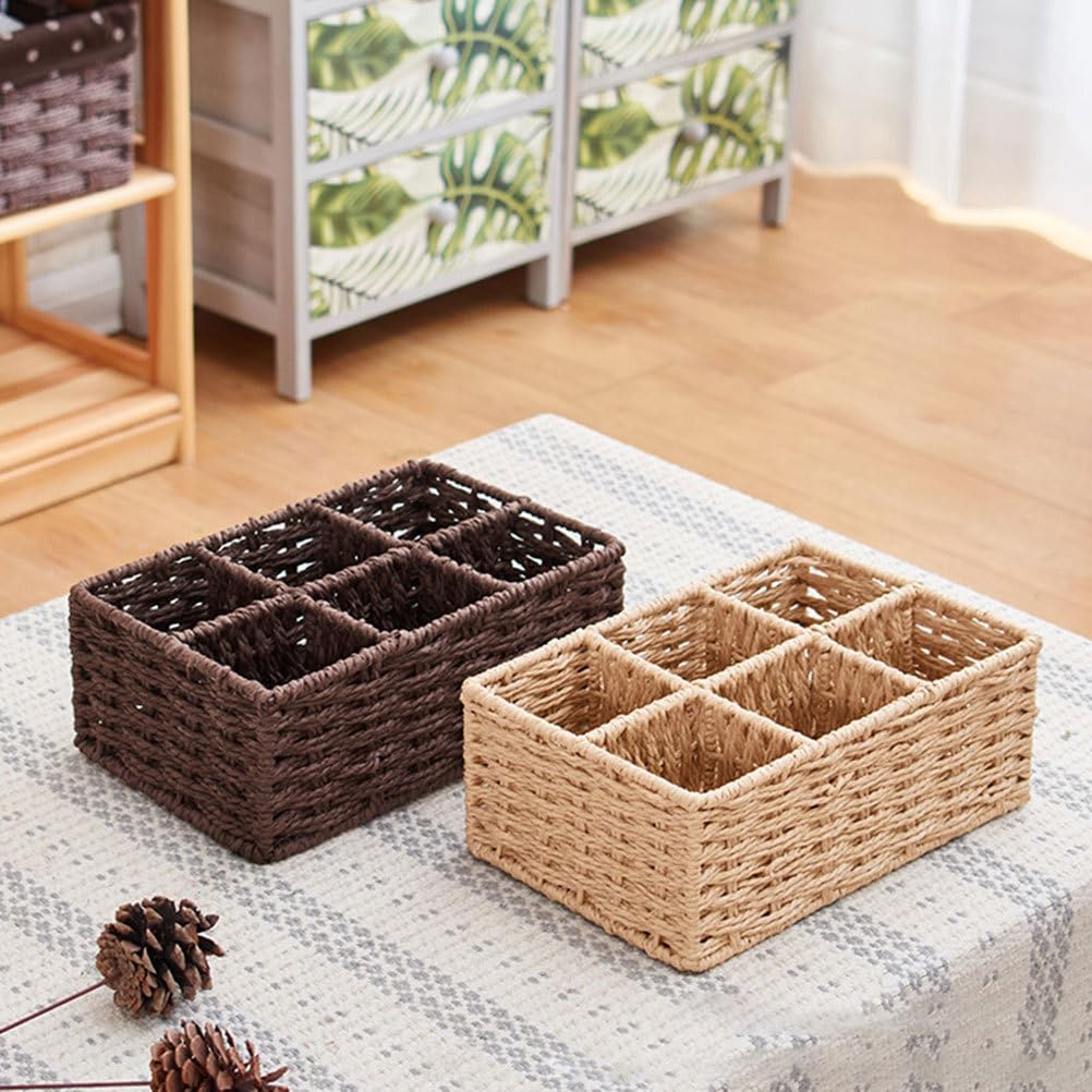 Rattan Storage Basket Wicker Divided Basket 6 Sections Bins Rustic Tea Bag Organizer for Organizing Kitchen Bathroom Office Desk Coffee