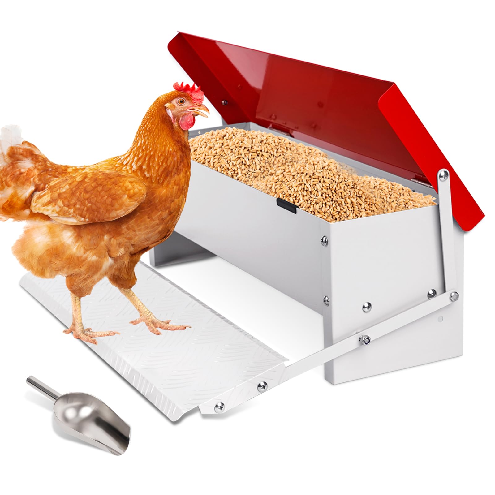 Comedero automático para pollos, 7 kg, comedero de metal para aves de corral con cuchara de acero inoxidable para exteriores, sin residuos, con tapa resistente a la intemperie para 6-12 pollos