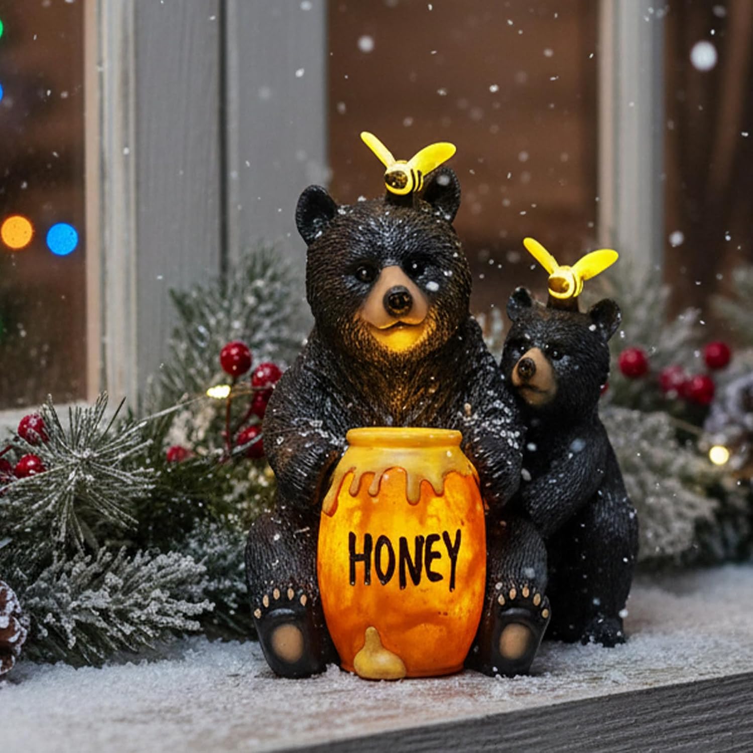 Solar Garden Decor Statues 7" Resin Mother&Cub Bear Figurines with Honey Jar Waterproof Black Bear Decor for Outside Yard Patio Porch Decoration Gift for Mom Grandma - Image 3